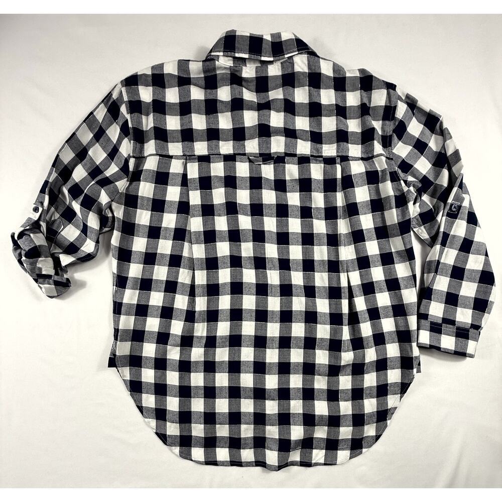 Gloria Vanderbilt Womens shirt M Navy White Silver Plaid 3/4 Roll-Tab Sleeves - Picture 8 of 11